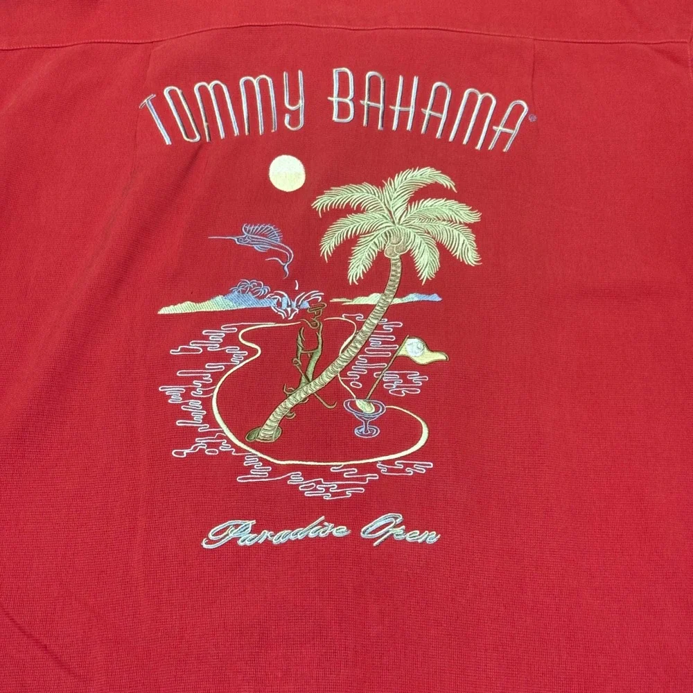 Tommy Bahama‎ Button Up Shirt Mens L Red Silk Paradise Open Golf Embroidered
